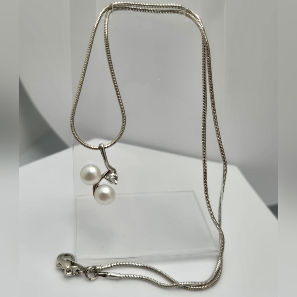 Freshwater White Real Pearl Necklace 16” Silver Plated Snake Chain NWOT